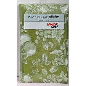 Green White Harvest Fruit PEVA Tablecloth 52 x 90-in Flannel Backing Kitchen NIP